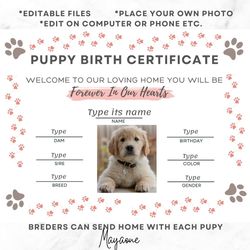 puppy birth certificate template,  kitty birth certificate template, editable dog certificate, editable cat certificate,