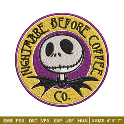 nightmare before coffee embroidery design, jack skellington embroidery, embroidery file, horror design, digital download