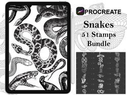 procreate - 51 snake stamps, hand drawn and digitized images & design fineline stamps - commercial use