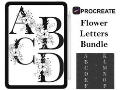 procreate - flower letters stamps, hand drawn and digitized images & design fineline stamps - commercial use, procreate