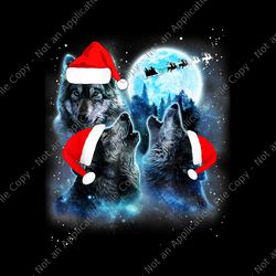 three wolves howling under moon christmas png, santa wolf png, wolf xmas png, wolf hat santa png