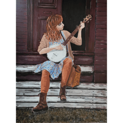 girl with the banjo street musician original portrait painting on canvas handmade art unique wall art hand painted