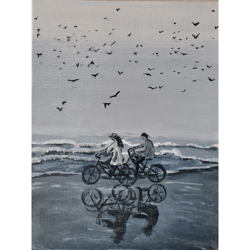 two lovers bicycle trip original romantic painting handmade art unique wall art hand painted original artwork