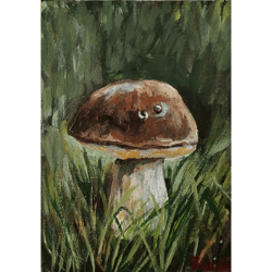 woodland mushroom boletus original painting small format handmade art unique wall art hand painted art work by rinaartsk