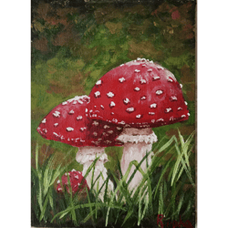 woodland fly mushroom original painting handmade art small format unique wall art hand painted art work by rinaartsk