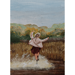 girl on the field original painting of a child small format unique wall art hand painted art work by rinaartsk