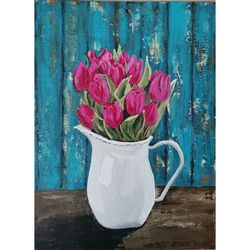 tulips flower still life original painting unique wall art by rinaartsk