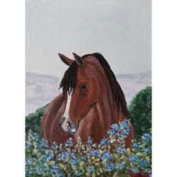 horse portrait original painting scene of nature handmade art hand painted art work by rinaartsk