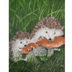 hedgehogs with mushrooms original nature art unique wall decor acrylic painting handmade art by rinaartsk