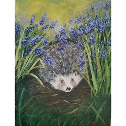 hedgehog in flowers original nature art unique wall decor animal portrait hand painted by rinaartsk