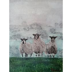 sheep rural landscape original art small format handmade art animal painting unique wall decor by rinaartsk