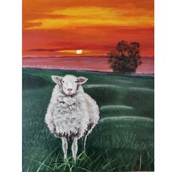 sheep at sunset landscape original art unique wall decor hand painted art work by rinaartsk