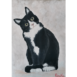 black and white cat pet portrait original art hand painted small format art work by rinaartsk