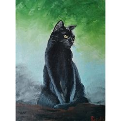 black cat pet portrait original art small format hand painted artwork by rinaartsk