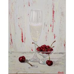 champagne and cherry original art frame painting hand painted by rinaartsk