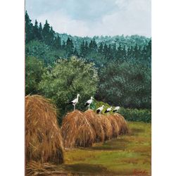 stork bird landscape original framed art summer scenery hand painted by rinaartsk