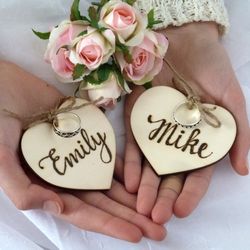 wooden personalized hearts for rings in boxes. wedding ring pillow alternative. custom engraved.