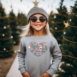 youth christmas heart sweatshirt, tree farm, gifts, candy canes, snowman, grinch, christmas lights, candy, gingerbread