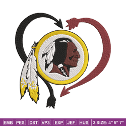 washington redskins heart embroidery design, washington redskins embroidery, nfl embroidery, logo sport embroidery.