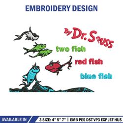 one fish two fish, blue fish red fish embroidery design, dr seuss embroidery, embroidery file, digital download