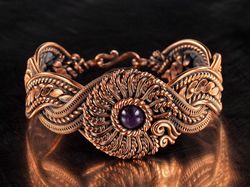 copper wire wrapped amethyst bracelet unique woven copper wire flower bangle for her7th wedding anniversary gift idea