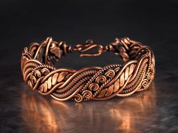 wire wrapped swirls bracelet for her woman, 7 anniversary gift for wife, wearable art, braided pure copper wire bangle