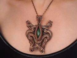 large butterfly copper wire wrapped pendant with jade, unique woven wire green stones necklace for lady, celebration art