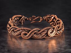 copper wire wrapped bracelet for woman, texture bangle, 7th anniversary gift for wife, statement handcrafted art jewelry