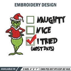 naughty nice i tried grinch embroidery design, grinch christmas embroidery, grinch design, logo shirt, digital download.