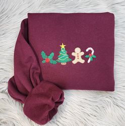 embroidered christmas ornaments sweatshirt, embroidered christmas tree gingerbread man candy canes s