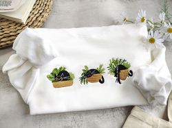 cute black cat and plants embroidered crewneck