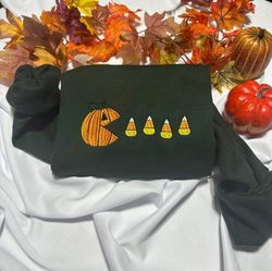 pumpkin eating candy corn embroidered crewneck thankgiving embroidered sweatshirt