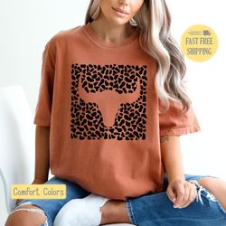 leopard print western shirt, cow skull t-shirt, leopardprint cow skull tshirt