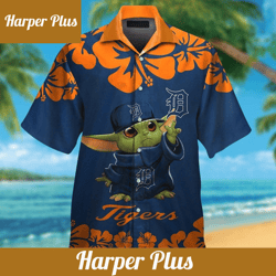 detroit tigers baby yoda short sleeve button up tropical hawaiian shirt