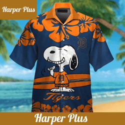 detroit tigers snoopy short sleeve button up tropical hawaiian shirt