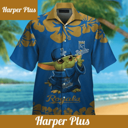 kansas city royals baby yoda short sleeve button up tropical hawaiian shirt