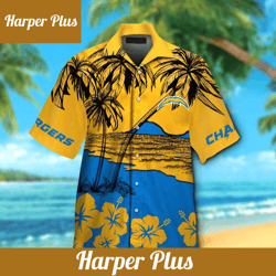 los angeles chargers short sleeve button up tropical hawaiian shirt