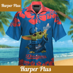 los angeles dodgers baby yoda short sleeve button up tropical hawaiian shirt