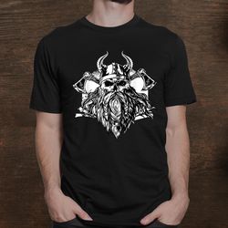 bearded viking design of a skull with two axes and a helmet shirt