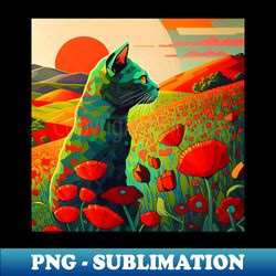 cat watching sunset in a field of flowers - artistic sublimation digital file - unleash your inner rebellion