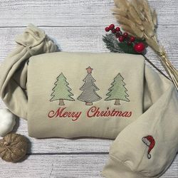 merry christmas - christmas tree santa hat embroidered sweatshirt inspired crewneck sweatshirt christmas xmas