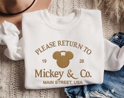 embroidered please return to mickey and co main street usa sweatshirt, disney mickey mouse head shirt, disneyland family