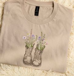 embroidered wildflower boots tshirt, botanical flower shoes, 63