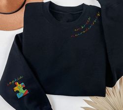 custom embroidered embrace neurodiversity sweatshirt, puzzle piece kid name on sleeve