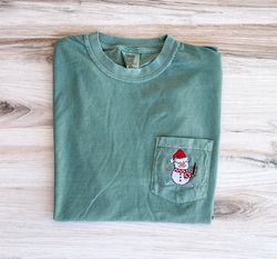 snowman comfort colors tee, christmas pocket embroidered shirt, 26
