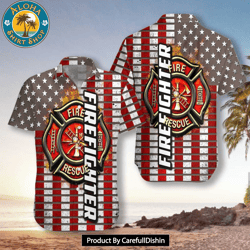 firefighter logo and red american flag firefighter hawaiian shirt