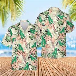 parrots green banana palm leaves summer shirt, exotic summ