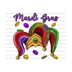 mardi gras with jester hat png sublimation design download, happy mardi gras png, jester hat png, sublimate designs down