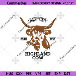 scottish highland cow embroidery digital files, 1995 scottish highland cow machine embroidery design, highland cow downl