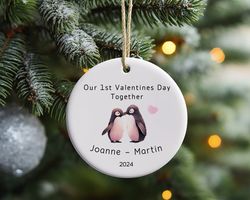 1st valentines day romantic penguins ornament, valentines ceramic ornament gift, first valentines day boyfriend keepsake